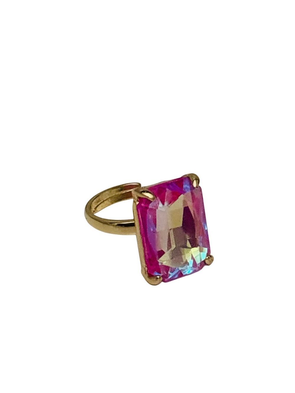 Pink AB Glass Rectangle Ring w/ Adjustable Gold Band